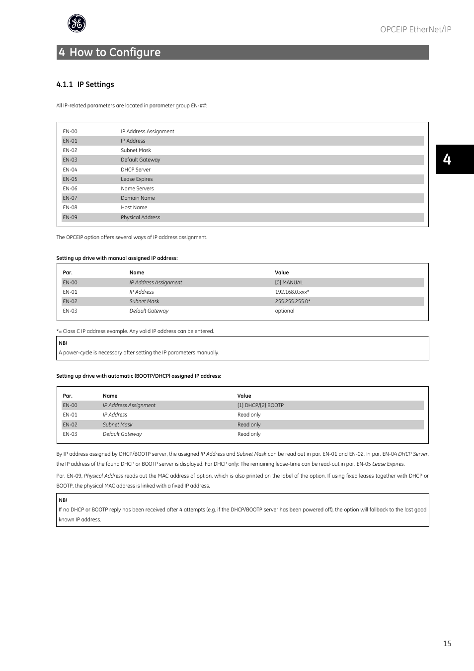 4 how to configure, Opceip ethernet/ip, 1 ip settings | GE Industrial Solutions AF-600 FP OPCEIP EtherNet_IP User Manual | Page 16 / 64