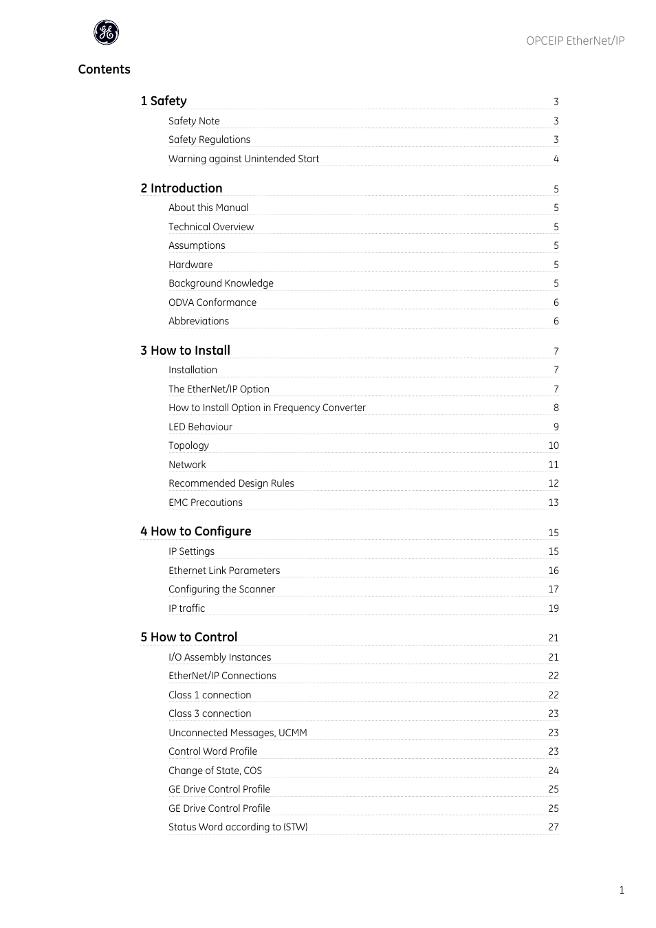 Contents 1 safety, 2 introduction, 3 how to install | 4 how to configure, 5 how to control | GE Industrial Solutions AF-600 FP OPCEIP EtherNet_IP User Manual | Page 2 / 64