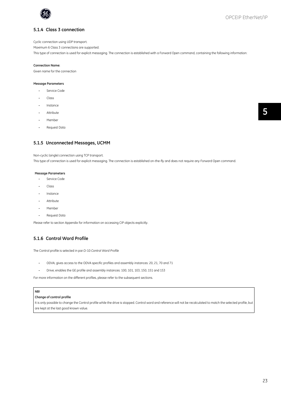 Opceip ethernet/ip, 4 class 3 connection, 5 unconnected messages, ucmm | 6 control word profile | GE Industrial Solutions AF-600 FP OPCEIP EtherNet_IP User Manual | Page 24 / 64