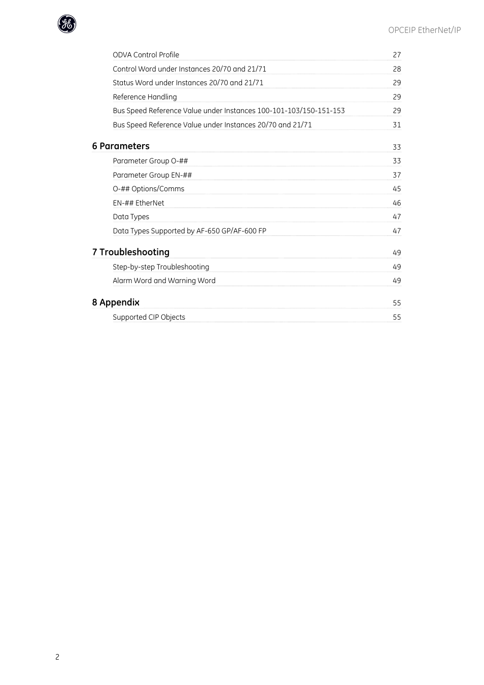 6 parameters, 7 troubleshooting, 8 appendix | GE Industrial Solutions AF-600 FP OPCEIP EtherNet_IP User Manual | Page 3 / 64