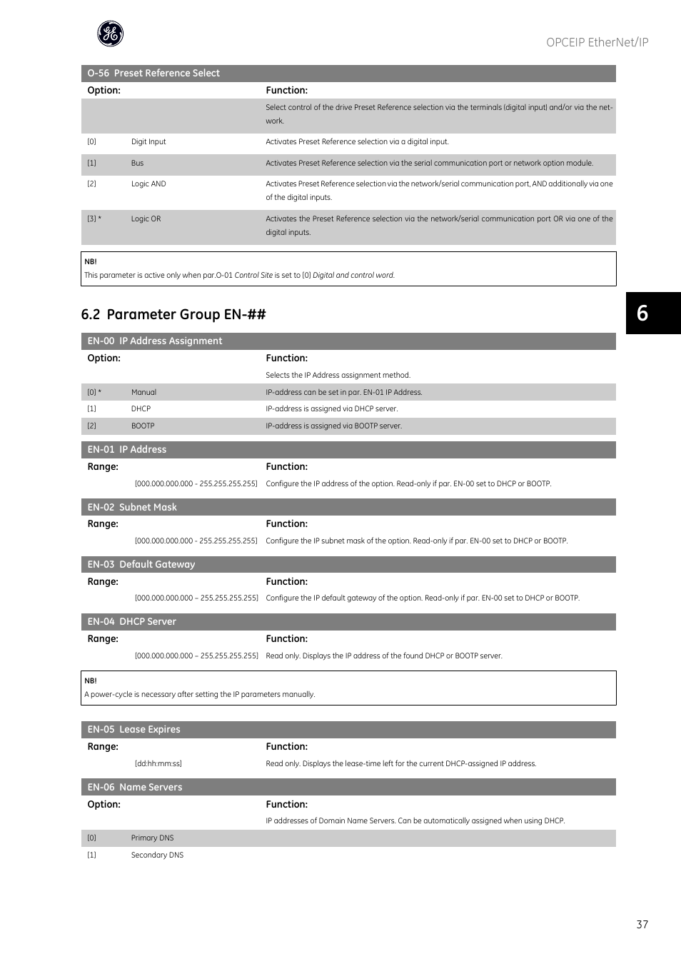 Par.o-56 preset refer- ence select, 2 parameter group en, Opceip ethernet/ip | GE Industrial Solutions AF-600 FP OPCEIP EtherNet_IP User Manual | Page 38 / 64