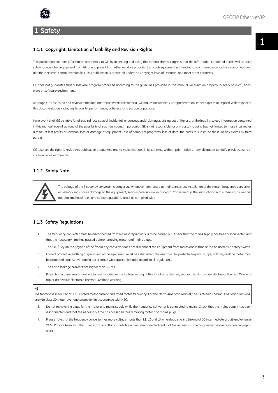 1 safety, Opceip ethernet/ip | GE Industrial Solutions AF-600 FP OPCEIP EtherNet_IP User Manual | Page 4 / 64