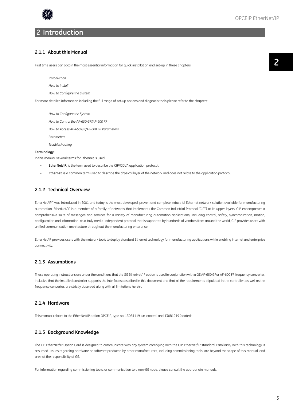 2 introduction, Opceip ethernet/ip | GE Industrial Solutions AF-600 FP OPCEIP EtherNet_IP User Manual | Page 6 / 64