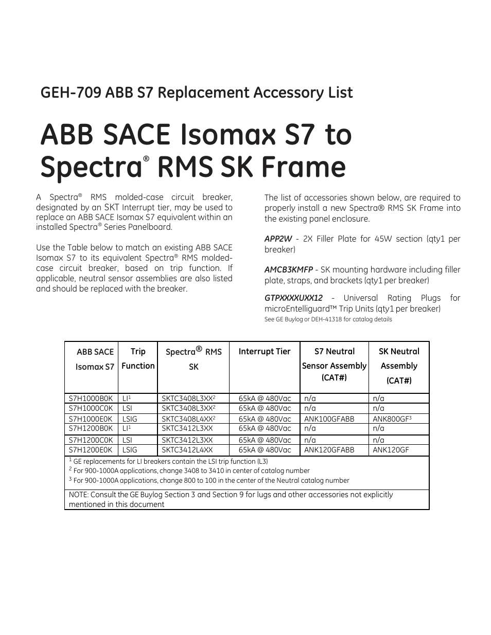 GE Industrial Solutions ABB SACE Isomax S7 to Spectra RMS SK Frame User Manual | 2 pages