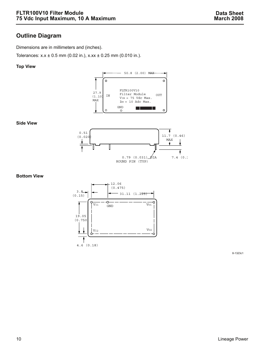 Outline diagram | GE Industrial Solutions FLTR100V10 Filter Module User Manual | Page 10 / 13