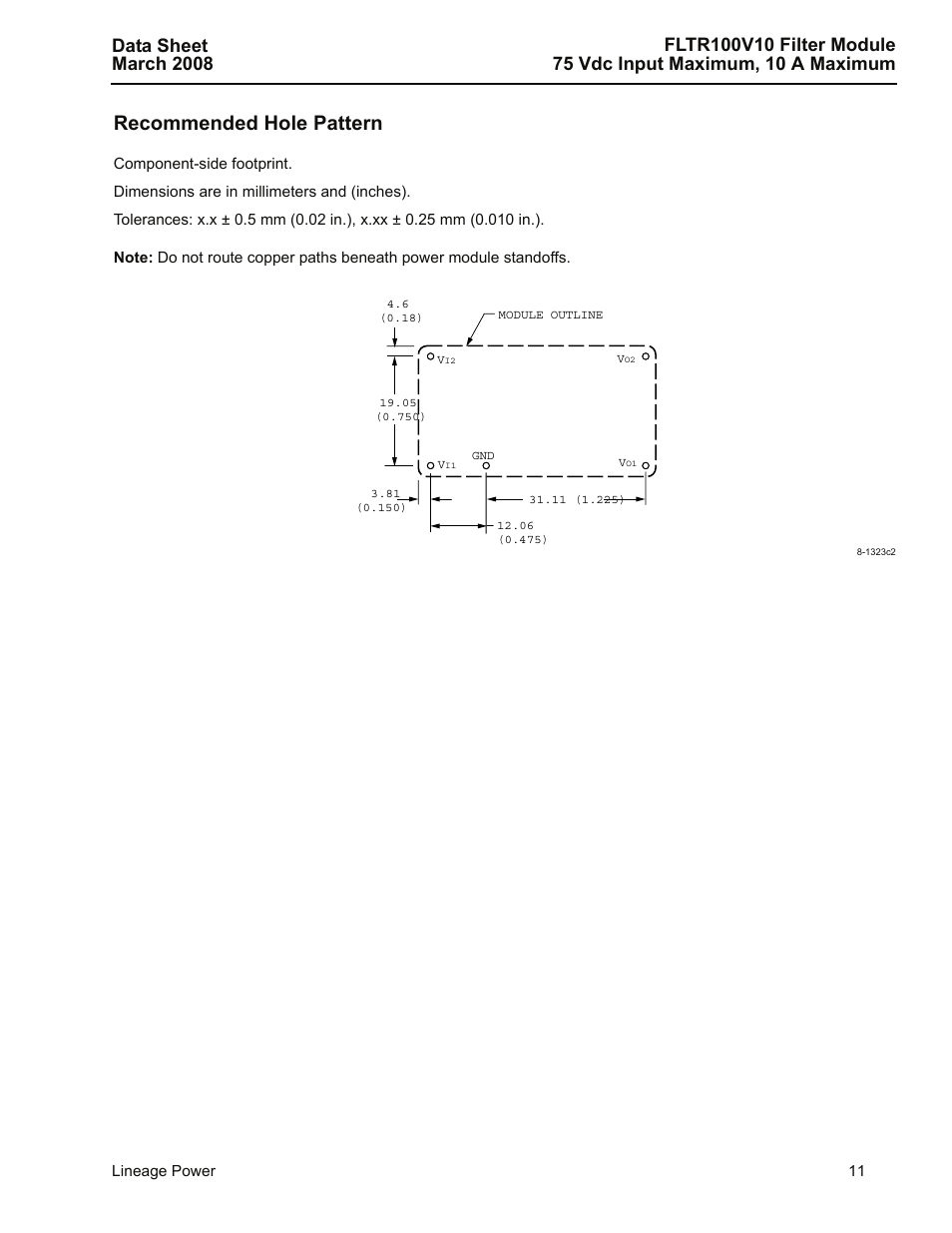 Recommended hole pattern | GE Industrial Solutions FLTR100V10 Filter Module User Manual | Page 11 / 13