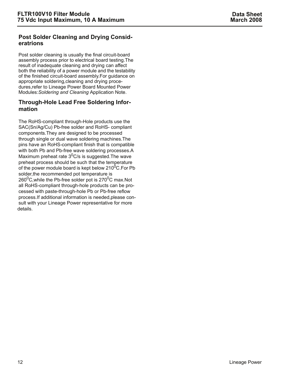 Through-hole lead free soldering information | GE Industrial Solutions FLTR100V10 Filter Module User Manual | Page 12 / 13