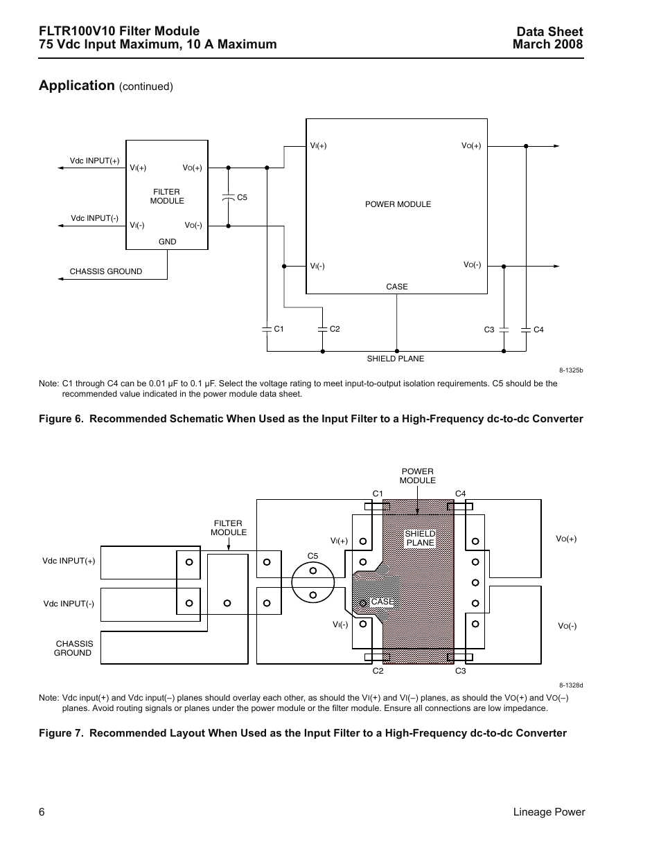 6 sh, E 7 is, S 6 and 7 | Application, 6lineage power, Continued) | GE Industrial Solutions FLTR100V10 Filter Module User Manual | Page 6 / 13