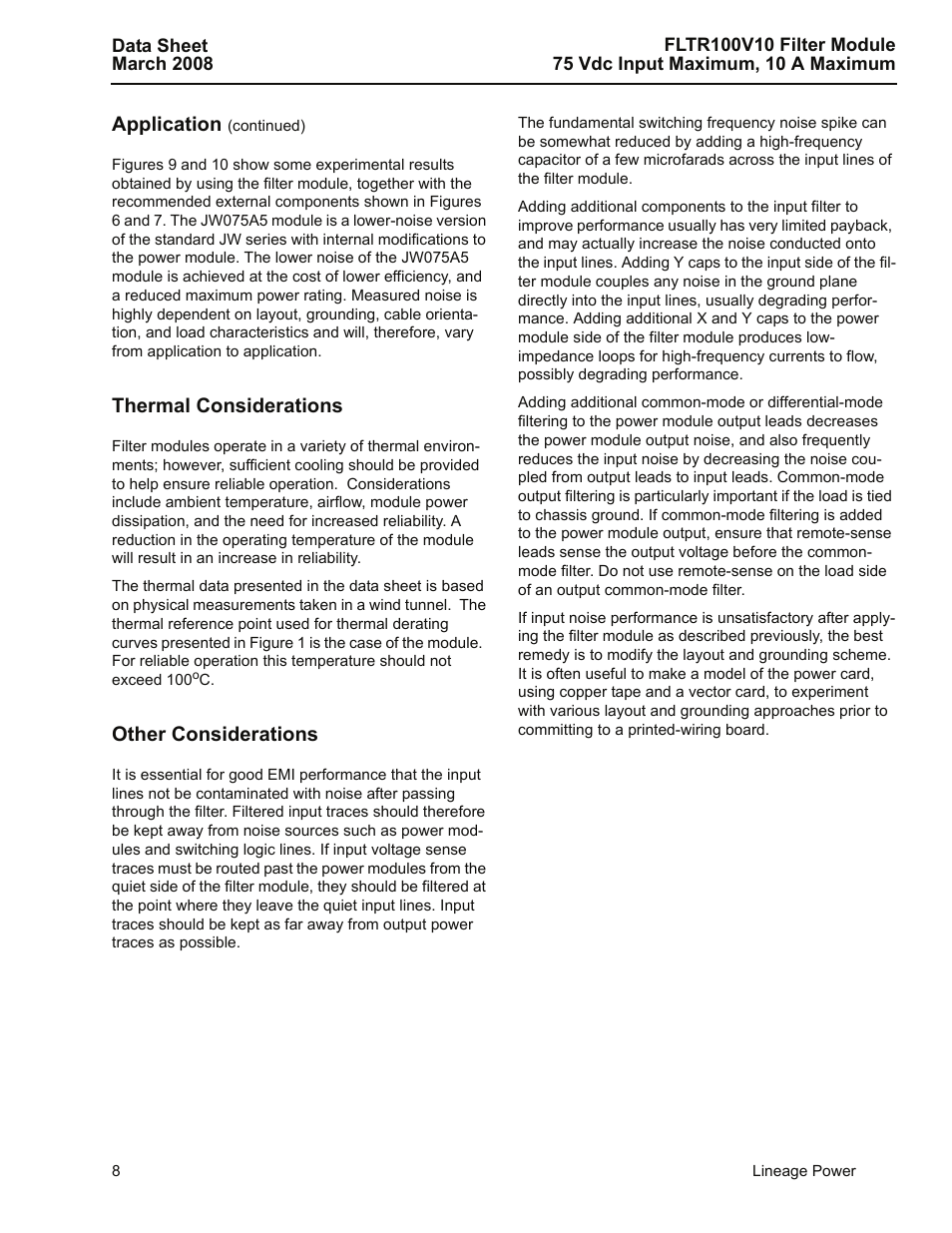 Thermal considerations, Other considerations, Application | GE Industrial Solutions FLTR100V10 Filter Module User Manual | Page 8 / 13