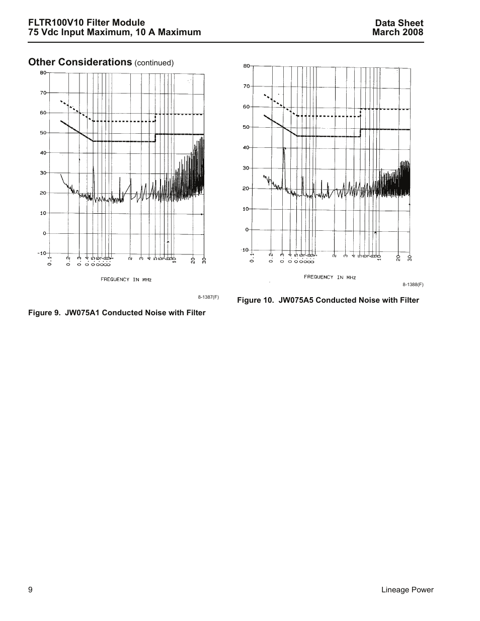 Figure 9. jw075a1 conducted noise with filter, Figure 10. jw075a5 conducted noise with filter, Other considerations | GE Industrial Solutions FLTR100V10 Filter Module User Manual | Page 9 / 13