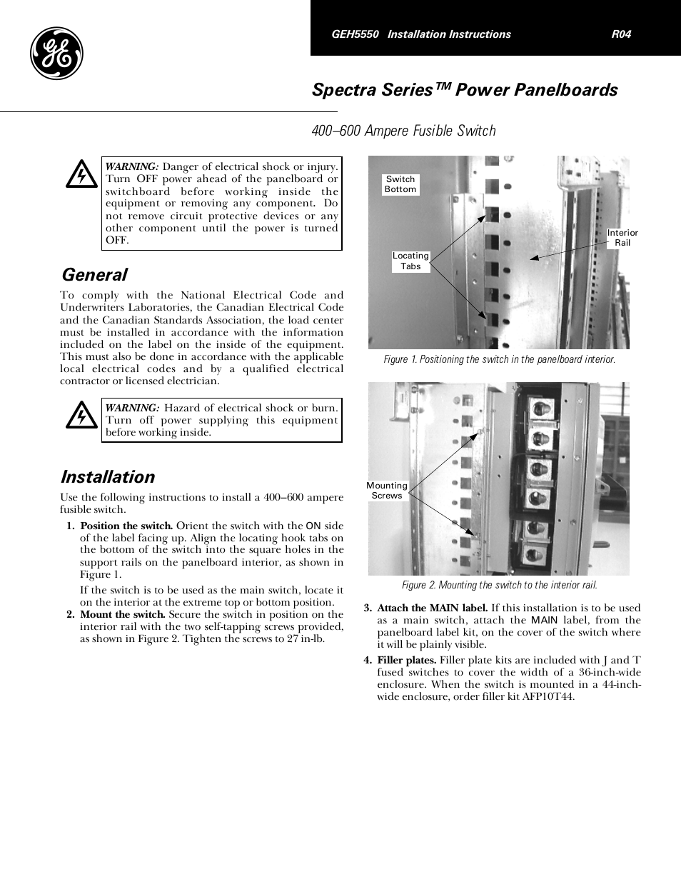 GE Industrial Solutions Spectra Series Power Panelboards 400–600 Ampere Fusible Switch User Manual | 2 pages