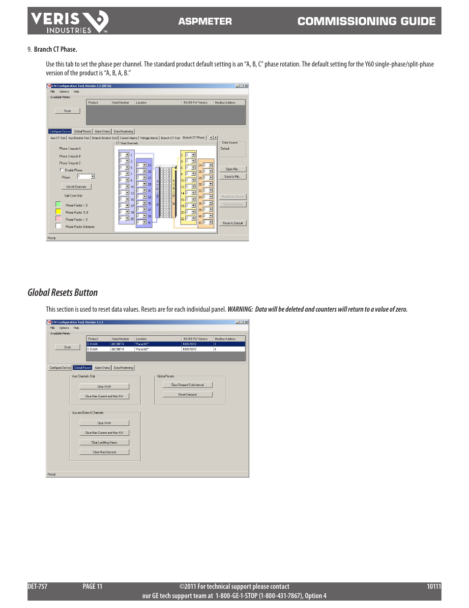 Commissioning guide, Global resets button | GE Industrial Solutions ASPMETER commiss User Manual | Page 11 / 18