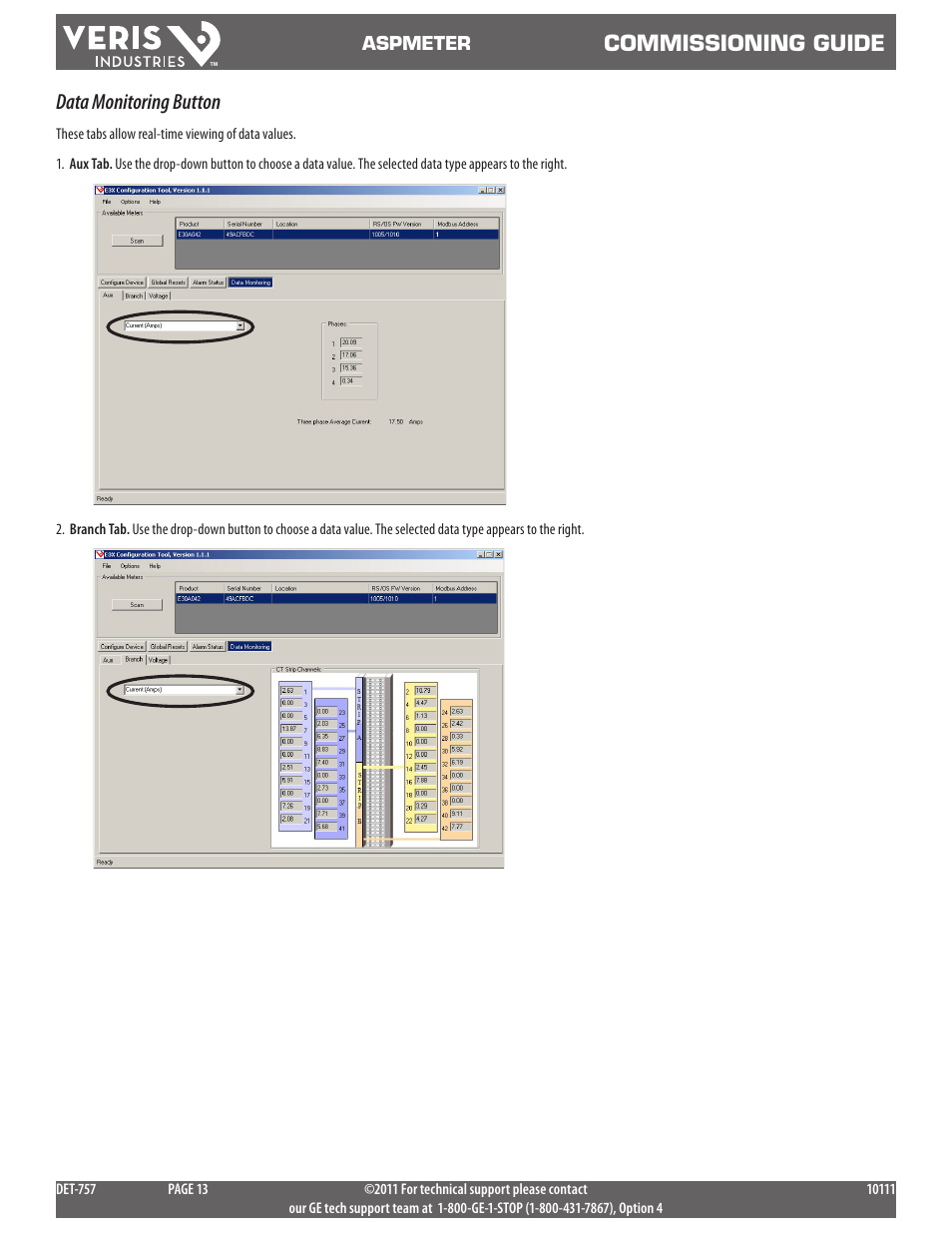 Commissioning guide, Data monitoring button | GE Industrial Solutions ASPMETER commiss User Manual | Page 13 / 18