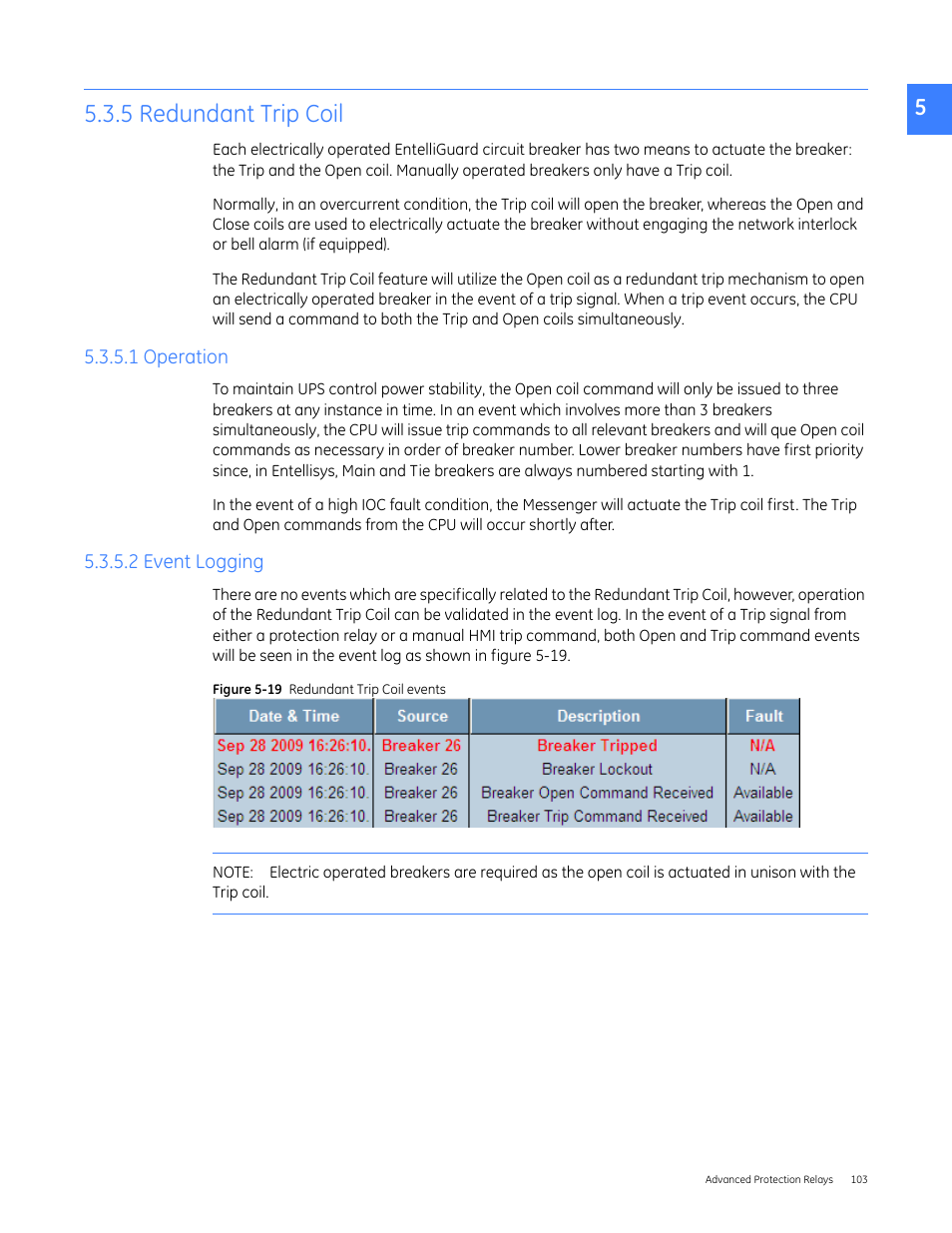 5 redundant trip coil, 1 operation, 2 event logging | 1 operation 5.3.5.2 event logging | GE Industrial Solutions Entellisys 5.0 User Manual User Manual | Page 103 / 310
