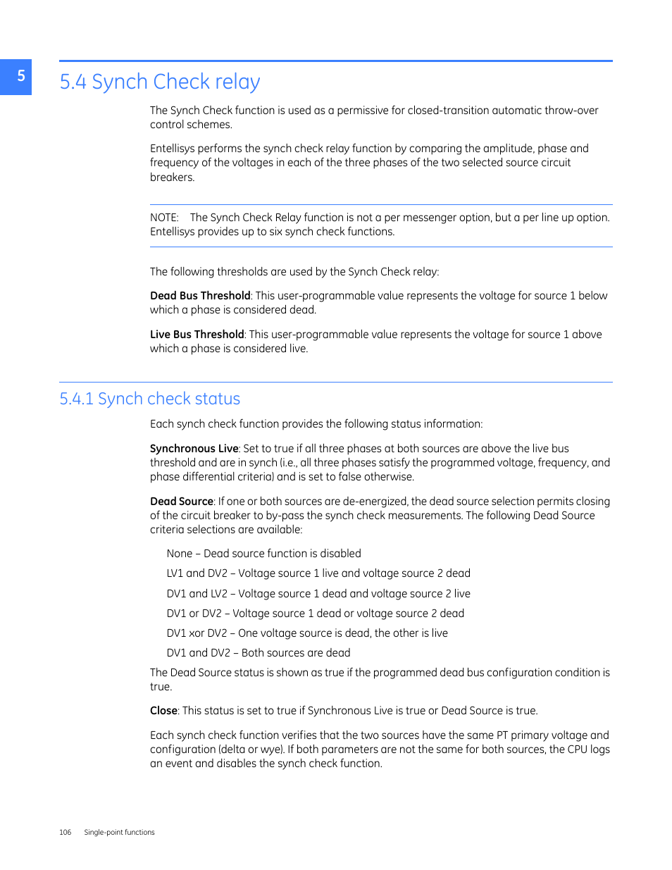 4 synch check relay, 1 synch check status | GE Industrial Solutions Entellisys 5.0 User Manual User Manual | Page 106 / 310