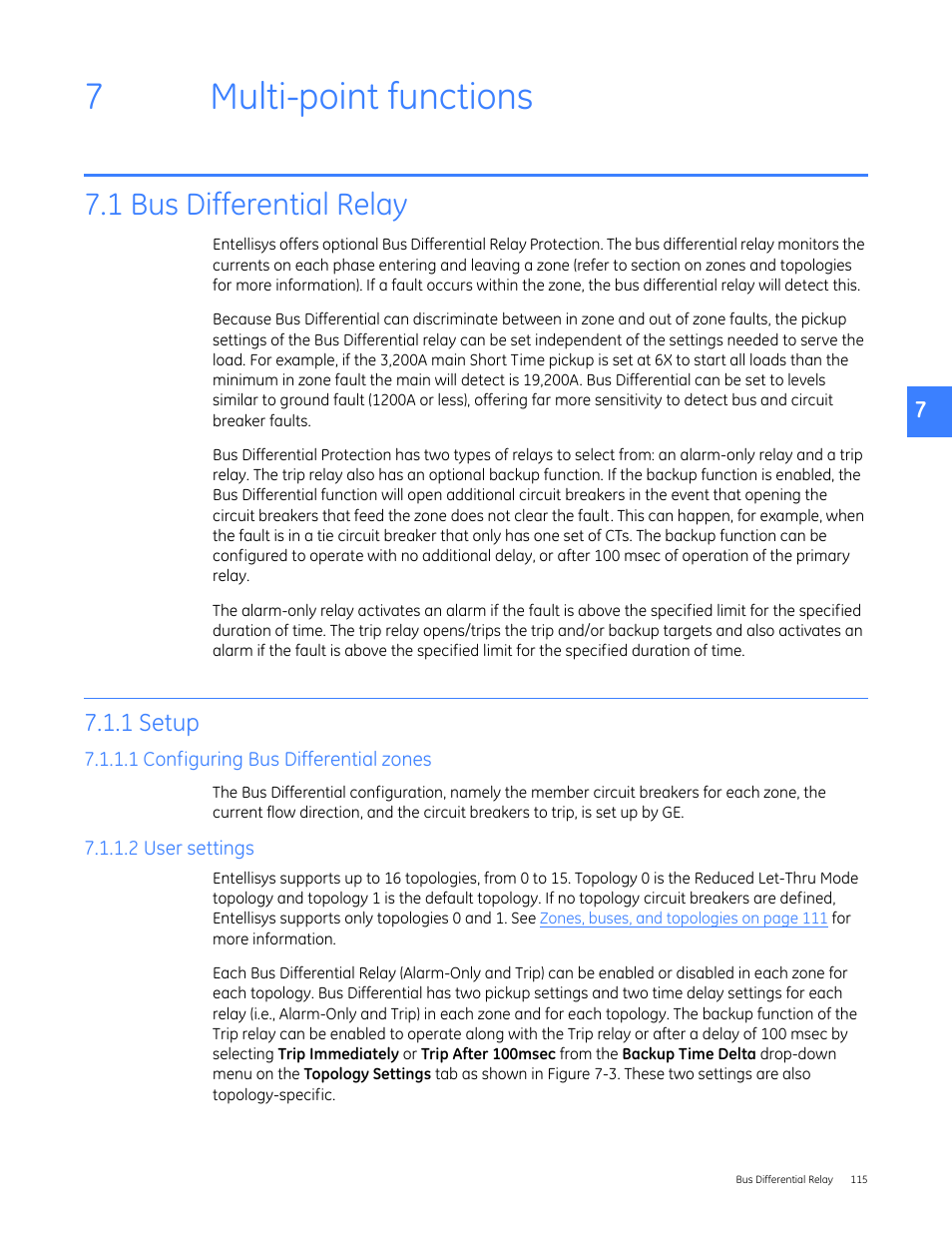 Multi-point functions, 1 bus differential relay, 1 setup | 1 configuring bus differential zones, 2 user settings, 7 multi-point functions, 7multi-point functions | GE Industrial Solutions Entellisys 5.0 User Manual User Manual | Page 115 / 310