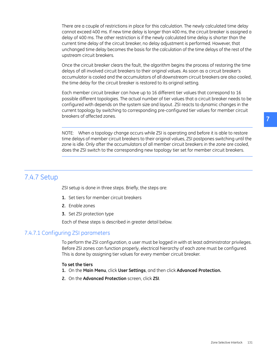 7 setup, 1 configuring zsi parameters | GE Industrial Solutions Entellisys 5.0 User Manual User Manual | Page 131 / 310