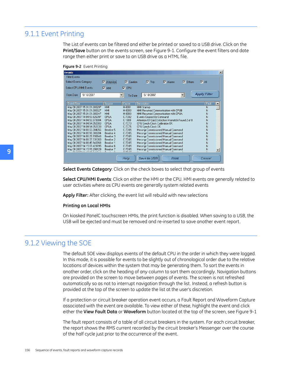 1 event printing, 2 viewing the soe, 1 event printing 9.1.2 viewing the soe | GE Industrial Solutions Entellisys 5.0 User Manual User Manual | Page 160 / 310