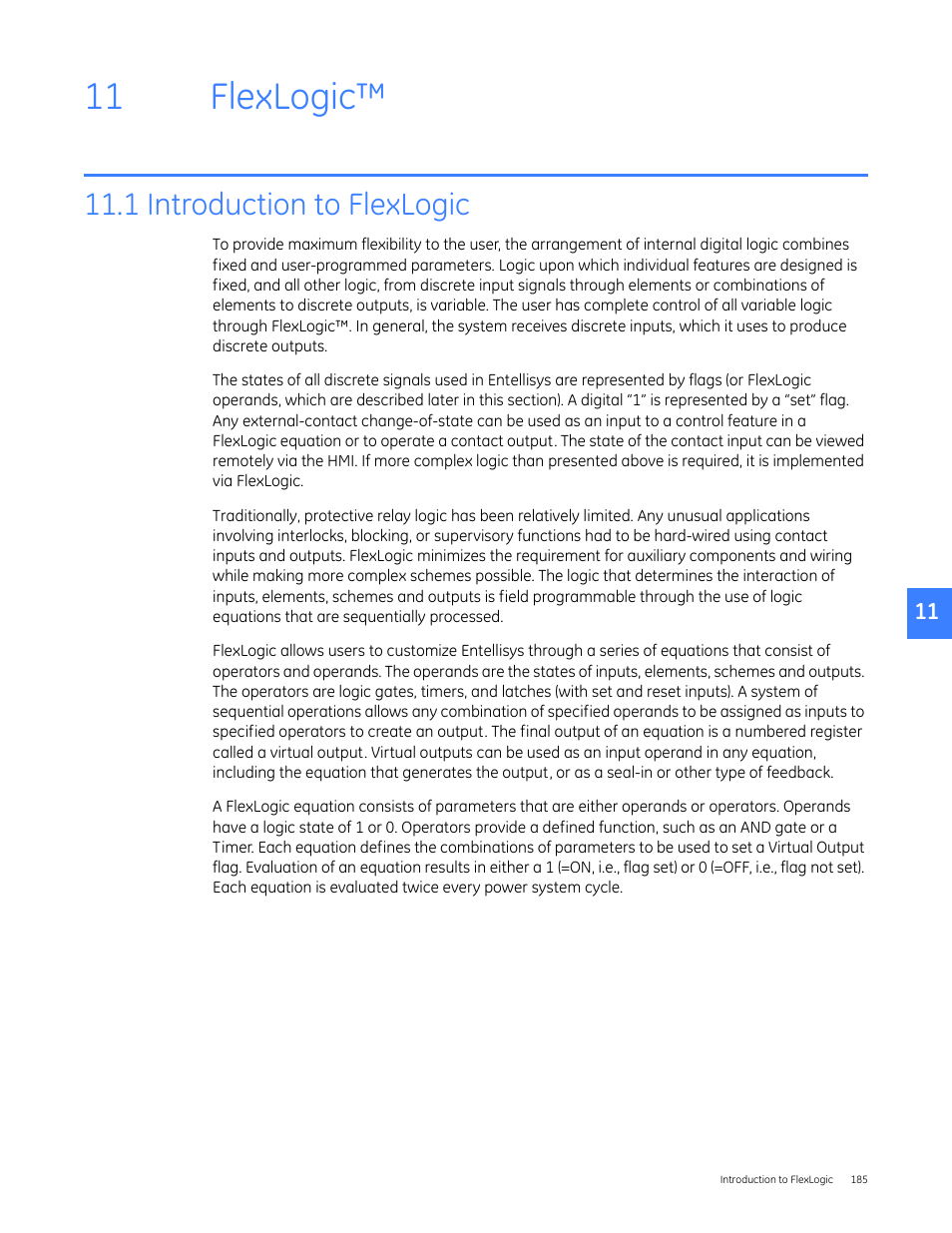Flexlogic, 1 introduction to flexlogic, 11 flexlogic | GE Industrial Solutions Entellisys 5.0 User Manual User Manual | Page 195 / 310