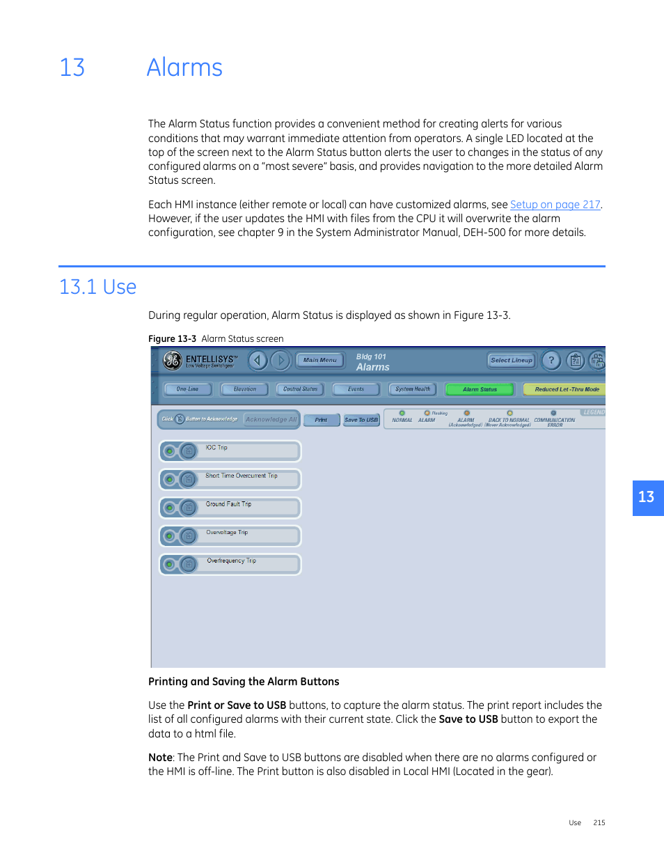 Alarms, 1 use, 13 alarms | GE Industrial Solutions Entellisys 5.0 User Manual User Manual | Page 225 / 310