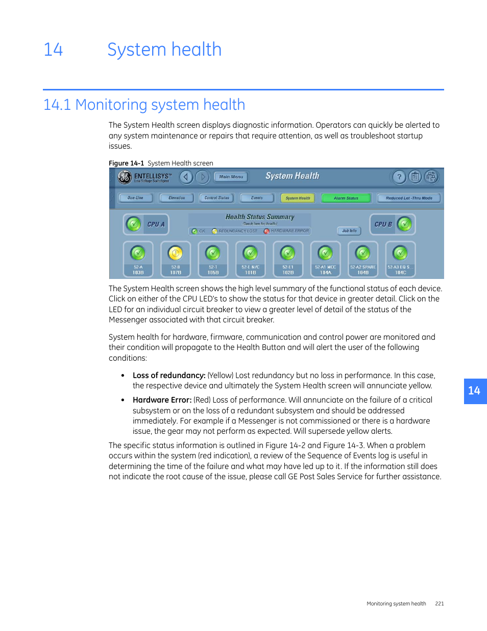 System health, 1 monitoring system health, Een (see | 14 system health | GE Industrial Solutions Entellisys 5.0 User Manual User Manual | Page 231 / 310