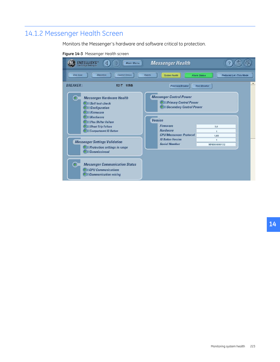 2 messenger health screen | GE Industrial Solutions Entellisys 5.0 User Manual User Manual | Page 233 / 310