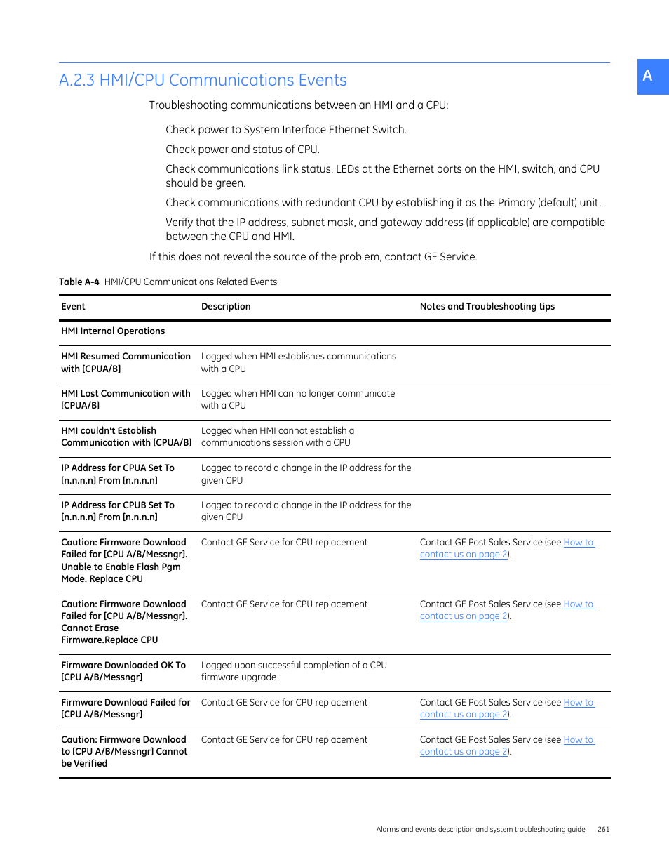 A.2.3 hmi/cpu communications events | GE Industrial Solutions Entellisys 5.0 User Manual User Manual | Page 273 / 310