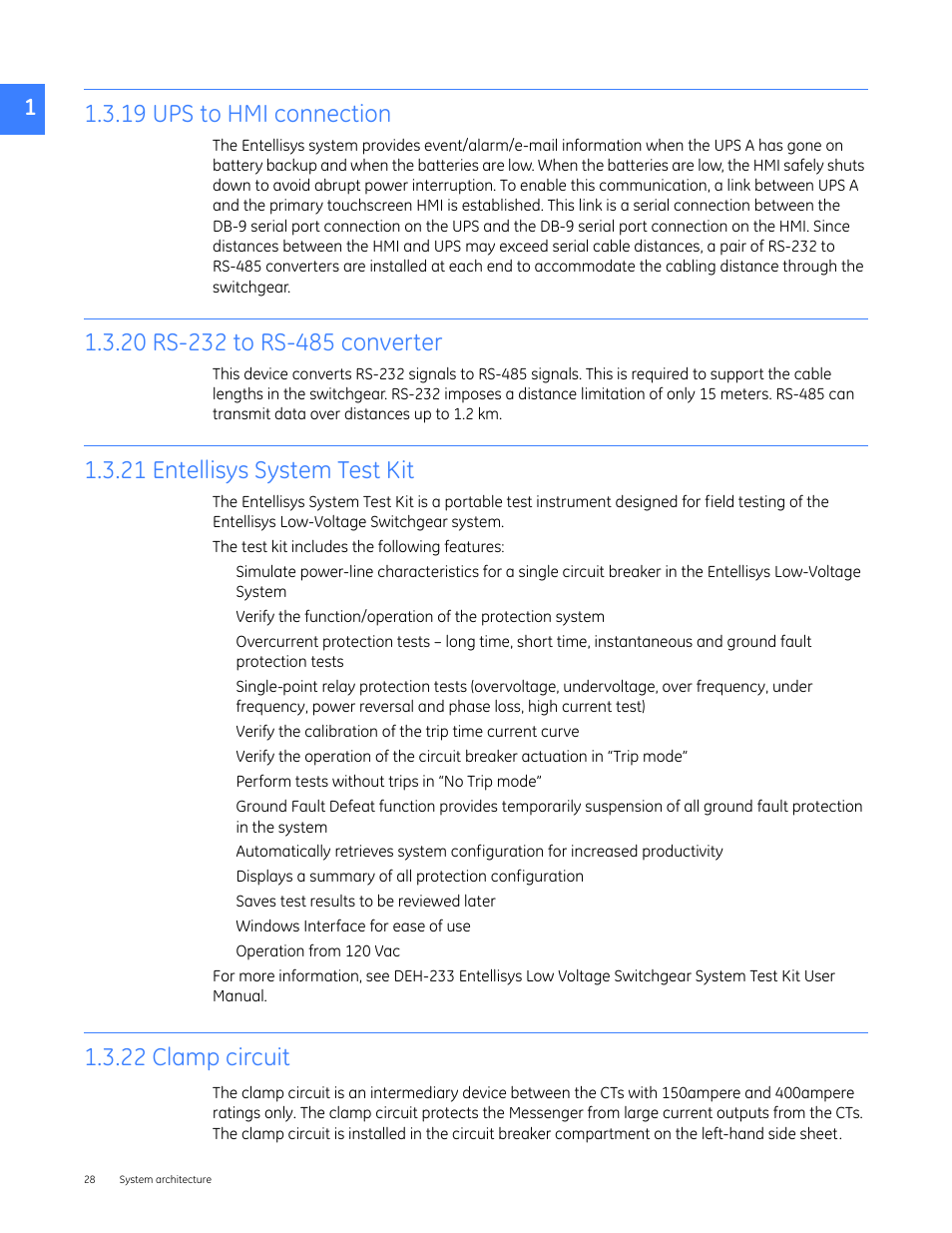 19 ups to hmi connection, 20 rs-232 to rs-485 converter, 21 entellisys system test kit | 22 clamp circuit | GE Industrial Solutions Entellisys 5.0 User Manual User Manual | Page 28 / 310