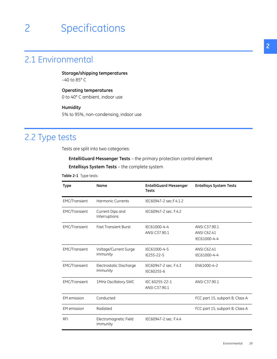 Specifications, 1 environmental, 2 type tests | 2 specifications, 1 environmental 2.2 type tests, 2specifications | GE Industrial Solutions Entellisys 5.0 User Manual User Manual | Page 29 / 310