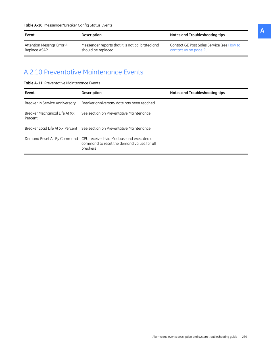 A.2.10 preventative maintenance events, A-11 | GE Industrial Solutions Entellisys 5.0 User Manual User Manual | Page 301 / 310