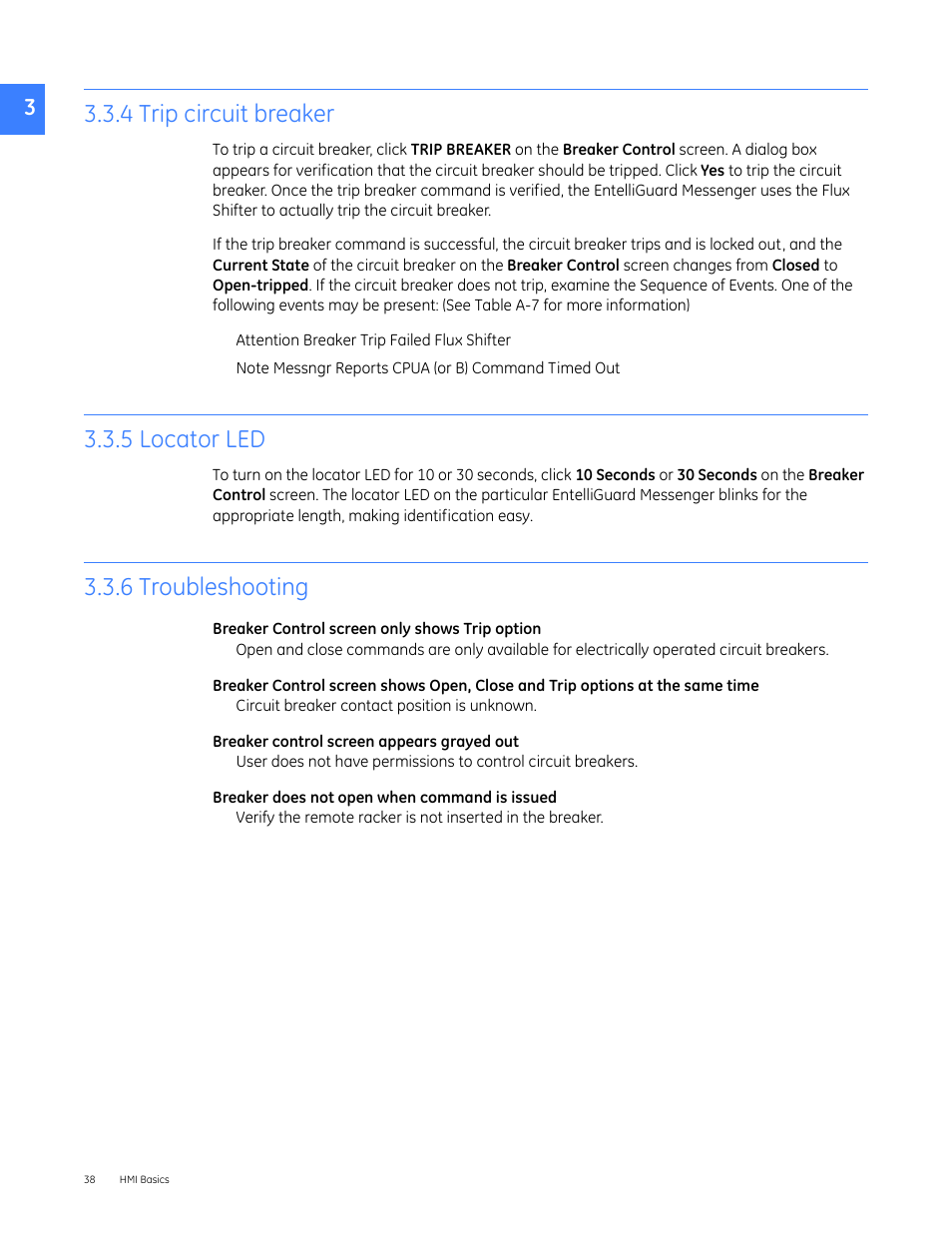 4 trip circuit breaker, 5 locator led, 6 troubleshooting | GE Industrial Solutions Entellisys 5.0 User Manual User Manual | Page 38 / 310