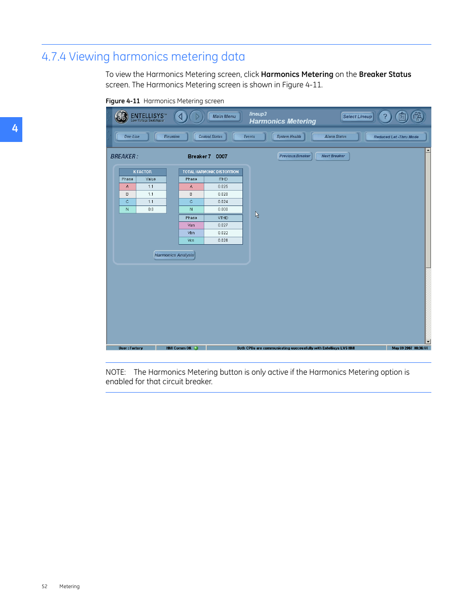 4 viewing harmonics metering data | GE Industrial Solutions Entellisys 5.0 User Manual User Manual | Page 52 / 310