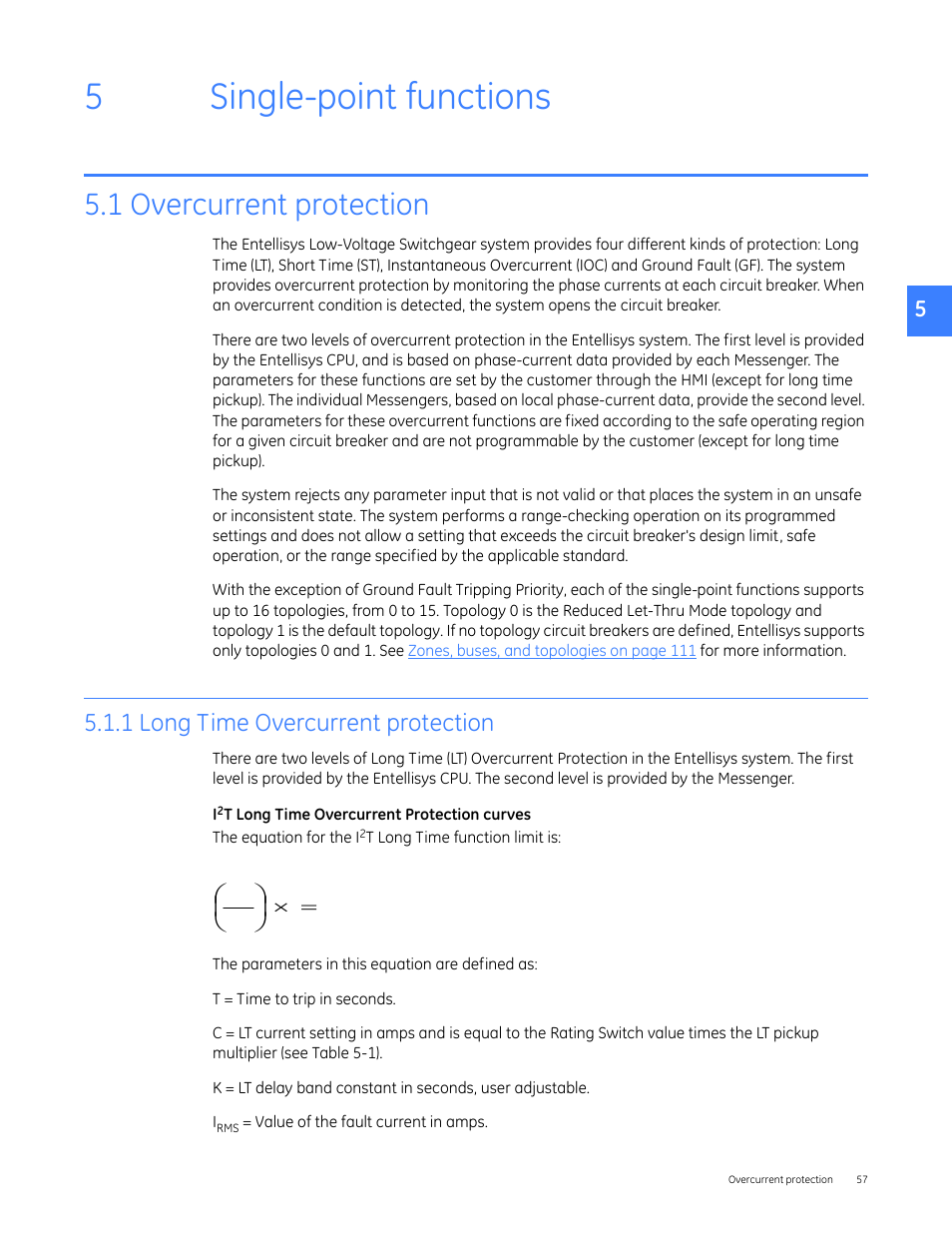 Single-point functions, 1 overcurrent protection, 1 long time overcurrent protection | 5single-point functions | GE Industrial Solutions Entellisys 5.0 User Manual User Manual | Page 57 / 310