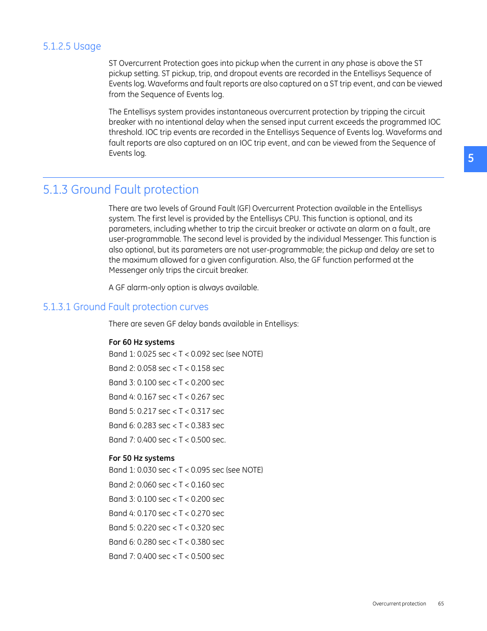 5 usage, 3 ground fault protection, 1 ground fault protection curves | GE Industrial Solutions Entellisys 5.0 User Manual User Manual | Page 65 / 310