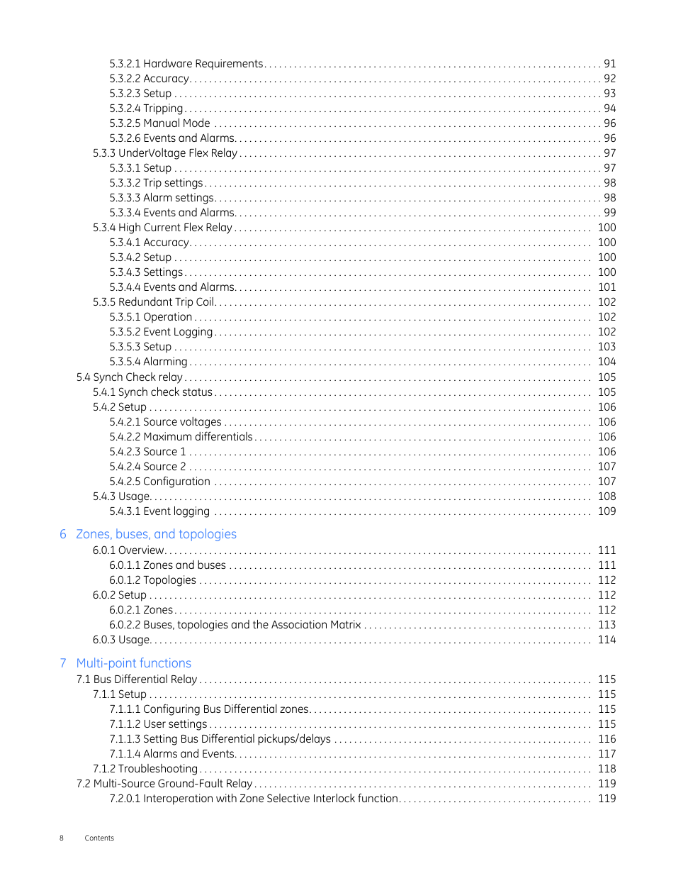 4 synch check relay 105, 1 bus differential relay 115, 2 multi-source ground-fault relay 119 | GE Industrial Solutions Entellisys 5.0 User Manual User Manual | Page 8 / 310