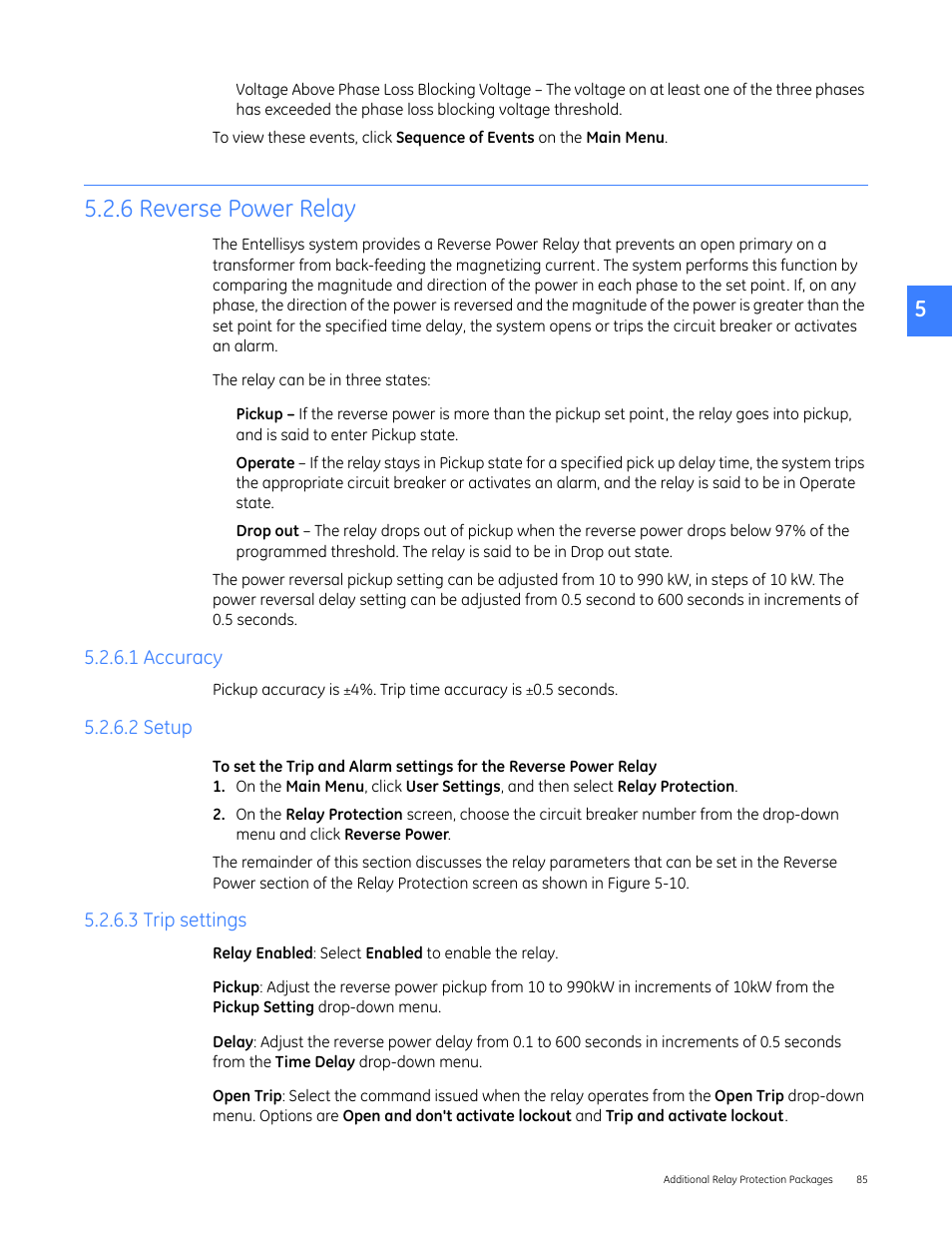 6 reverse power relay, 1 accuracy, 2 setup | 3 trip settings, 1 accuracy 5.2.6.2 setup 5.2.6.3 trip settings | GE Industrial Solutions Entellisys 5.0 User Manual User Manual | Page 85 / 310