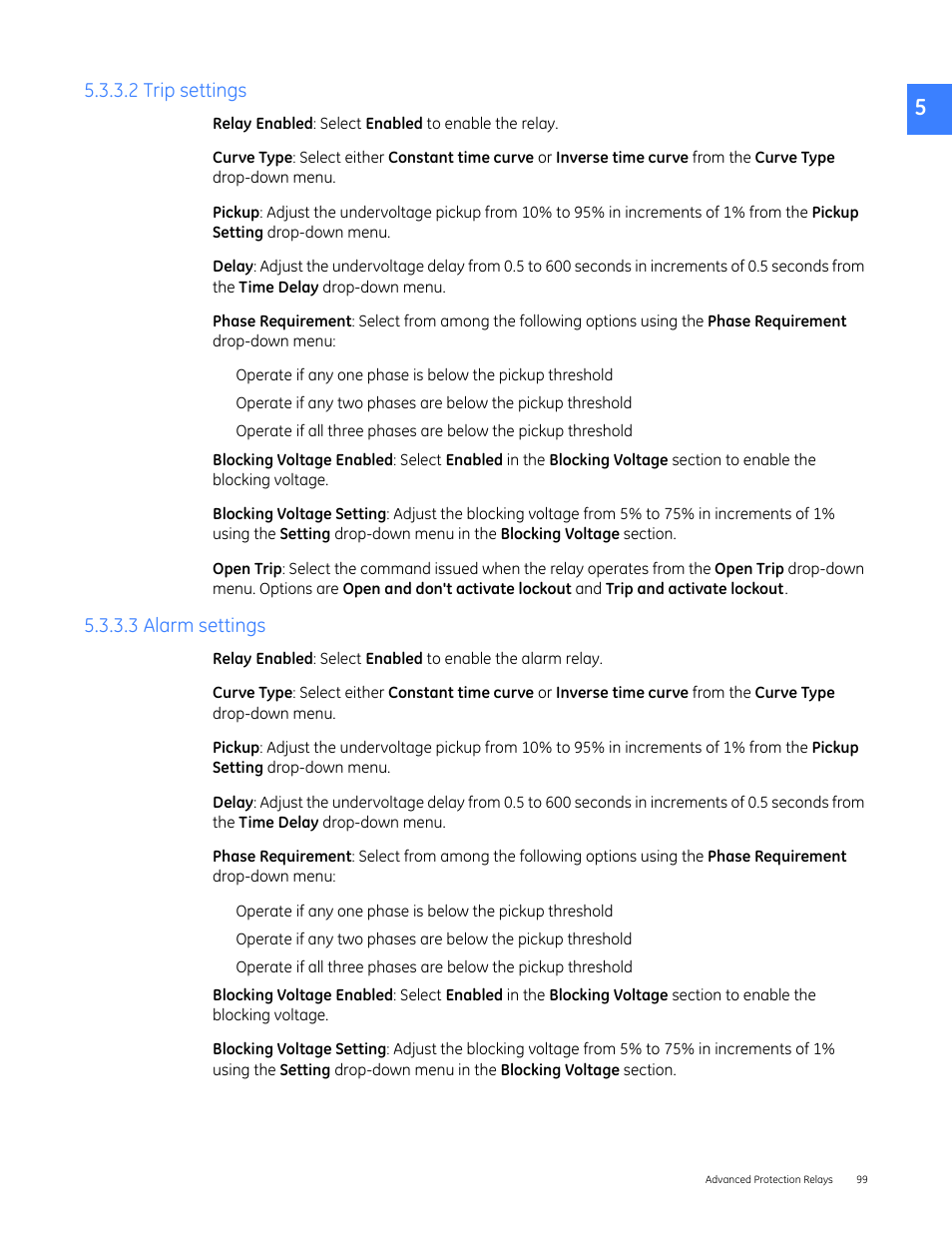 2 trip settings, 3 alarm settings, 2 trip settings 5.3.3.3 alarm settings | GE Industrial Solutions Entellisys 5.0 User Manual User Manual | Page 99 / 310