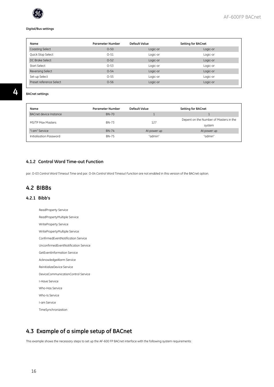 2 bibbs, 3 example of a simple setup of bacnet, Af-600fp bacnet | 2 control word time-out function, 1 bibb's | GE Industrial Solutions AF-600 FP BACnet User Manual | Page 17 / 47