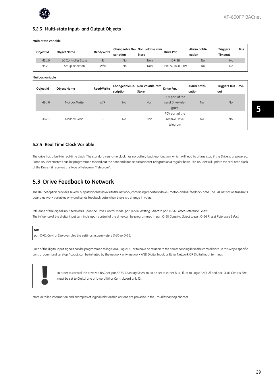 3 drive feedback to network, Af-600fp bacnet, 3 multi-state input- and output objects | 4 real time clock variable | GE Industrial Solutions AF-600 FP BACnet User Manual | Page 30 / 47
