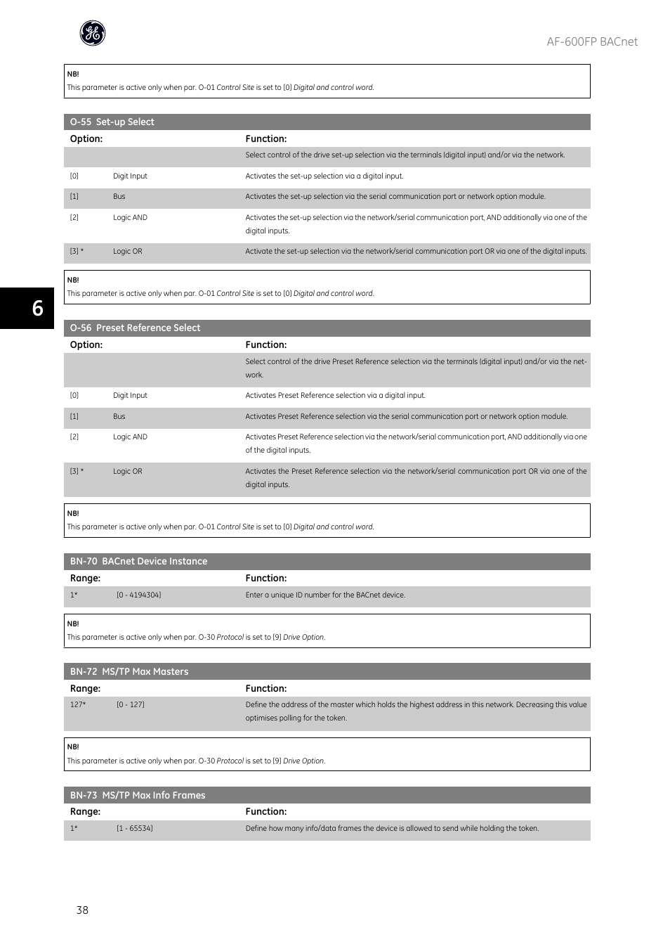 Par. o-56 preset reference select, 56 preset reference select, Af-600fp bacnet | GE Industrial Solutions AF-600 FP BACnet User Manual | Page 39 / 47