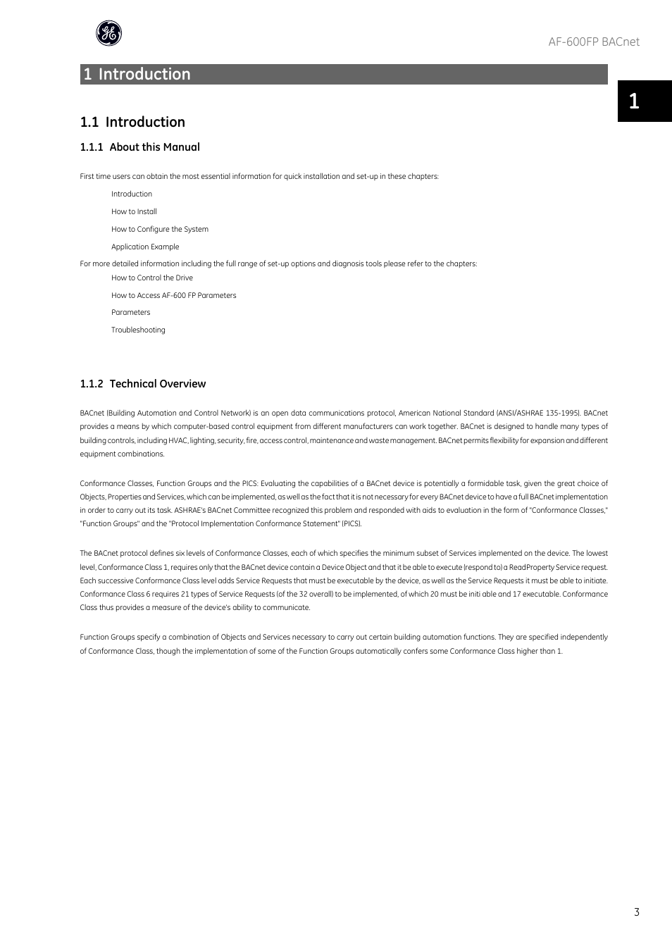 1 introduction | GE Industrial Solutions AF-600 FP BACnet User Manual | Page 4 / 47