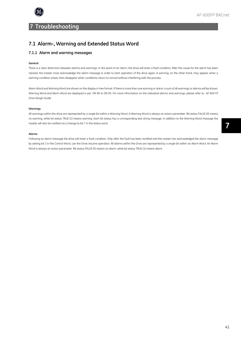 7 troubleshooting | GE Industrial Solutions AF-600 FP BACnet User Manual | Page 42 / 47