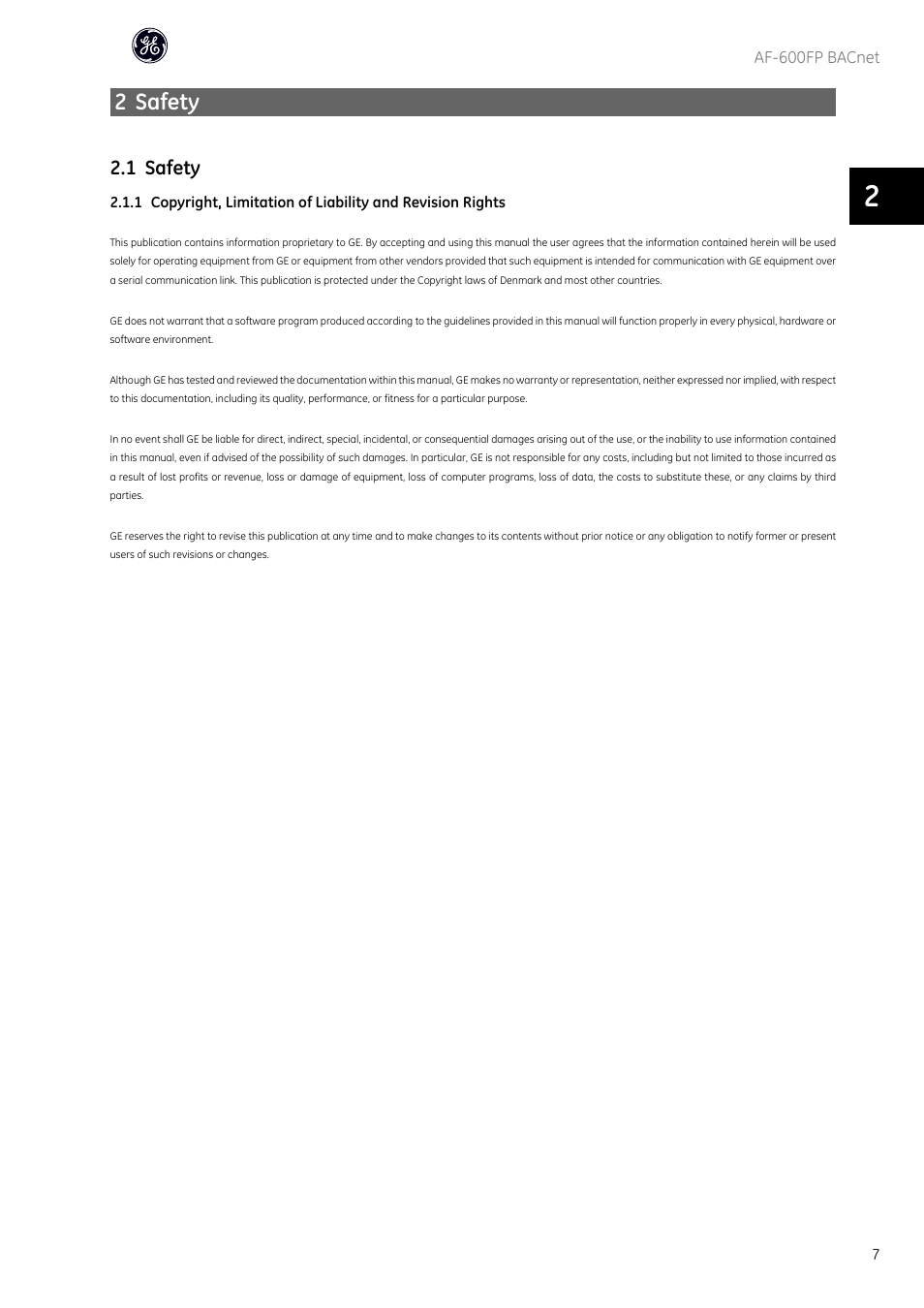 2 safety, 1 safety | GE Industrial Solutions AF-600 FP BACnet User Manual | Page 8 / 47
