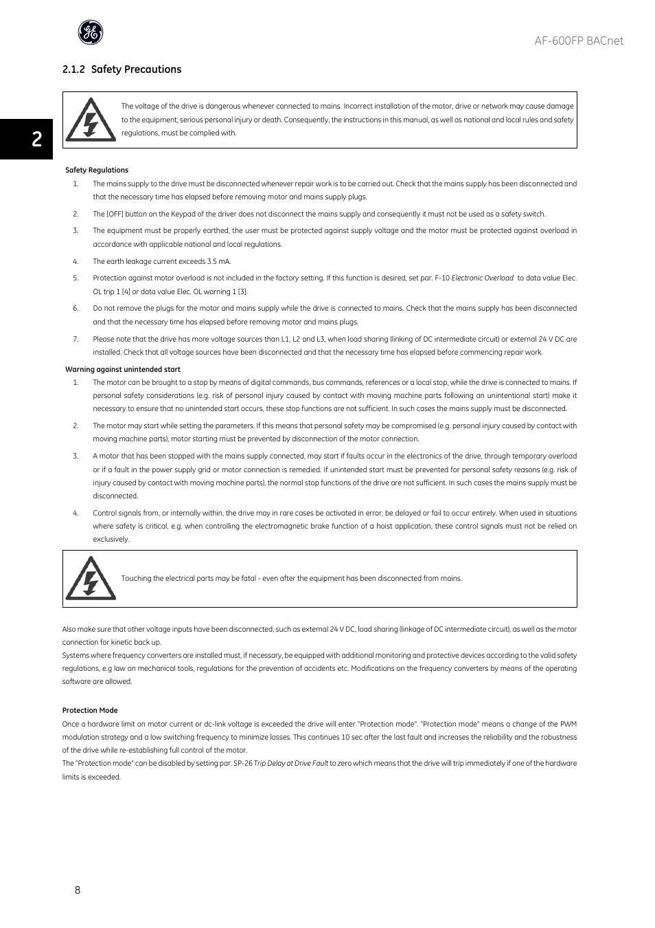 Af-600fp bacnet, 2 safety precautions | GE Industrial Solutions AF-600 FP BACnet User Manual | Page 9 / 47