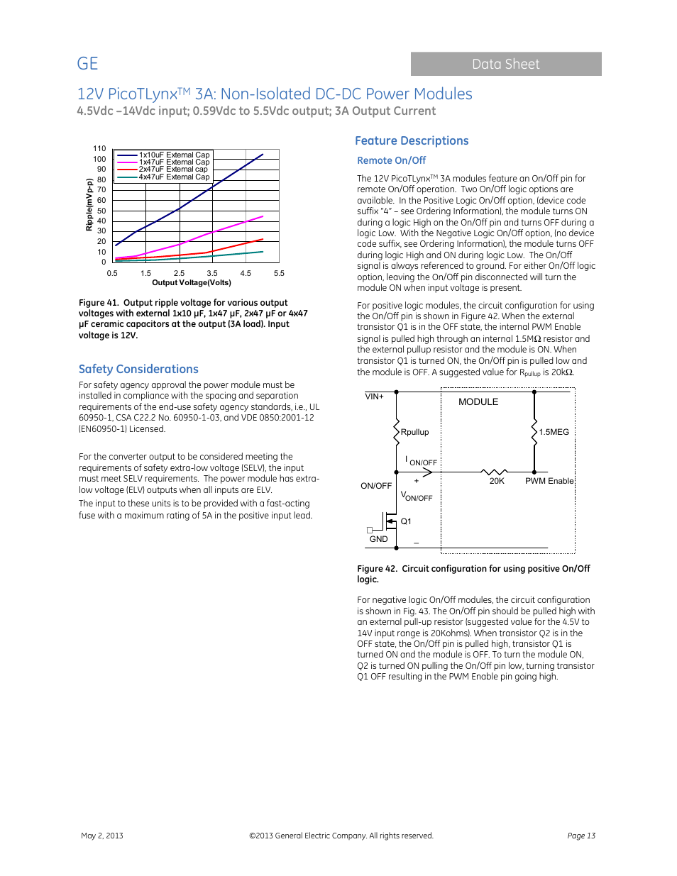 12v picotlynx, 3a: non-isolated dc-dc power modules, Data sheet | Safety considerations, Feature descriptions | GE Industrial Solutions 12V PicoTLynx 3A User Manual | Page 13 / 25