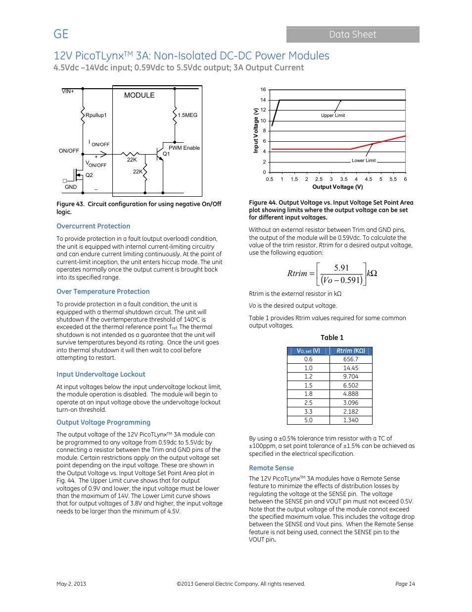 12v picotlynx, 3a: non-isolated dc-dc power modules, Data sheet | GE Industrial Solutions 12V PicoTLynx 3A User Manual | Page 14 / 25