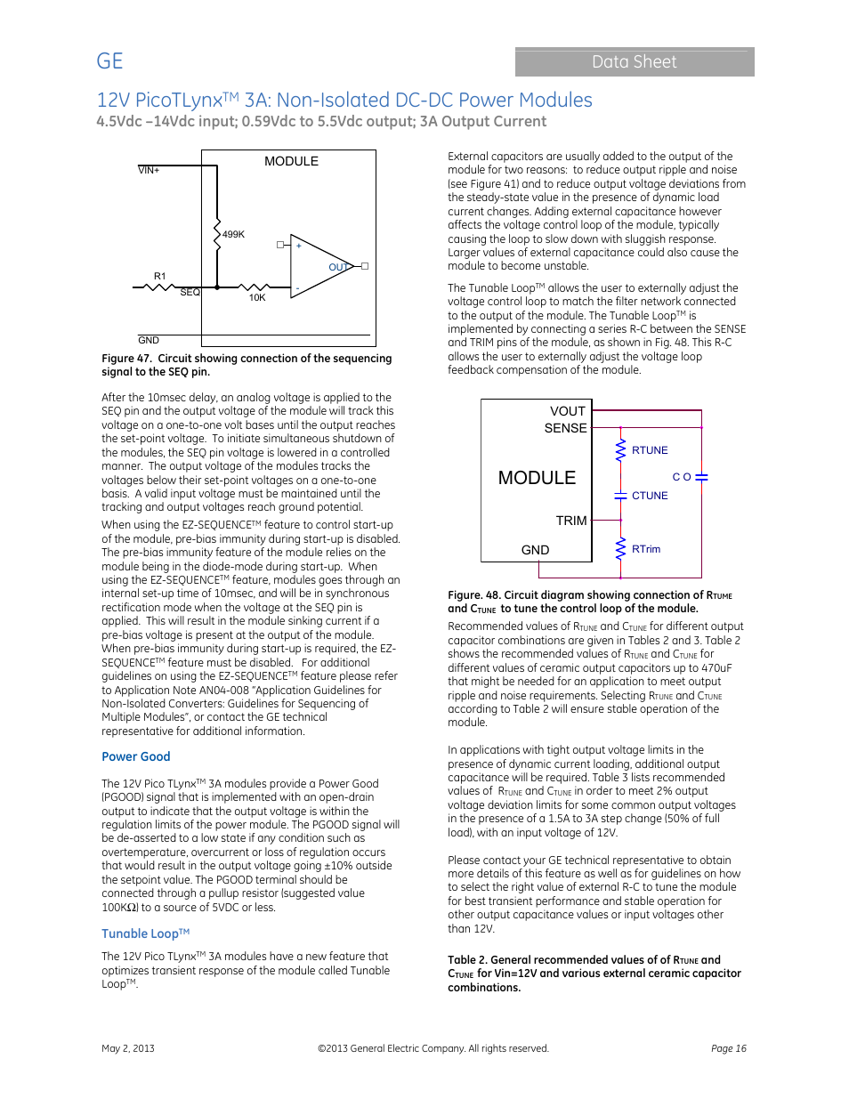 12v picotlynx, 3a: non-isolated dc-dc power modules, Data sheet | Module | GE Industrial Solutions 12V PicoTLynx 3A User Manual | Page 16 / 25