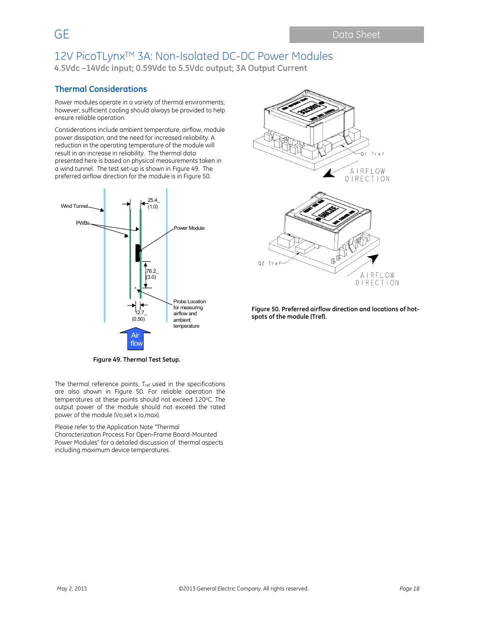 12v picotlynx, 3a: non-isolated dc-dc power modules, Data sheet | Thermal considerations | GE Industrial Solutions 12V PicoTLynx 3A User Manual | Page 18 / 25