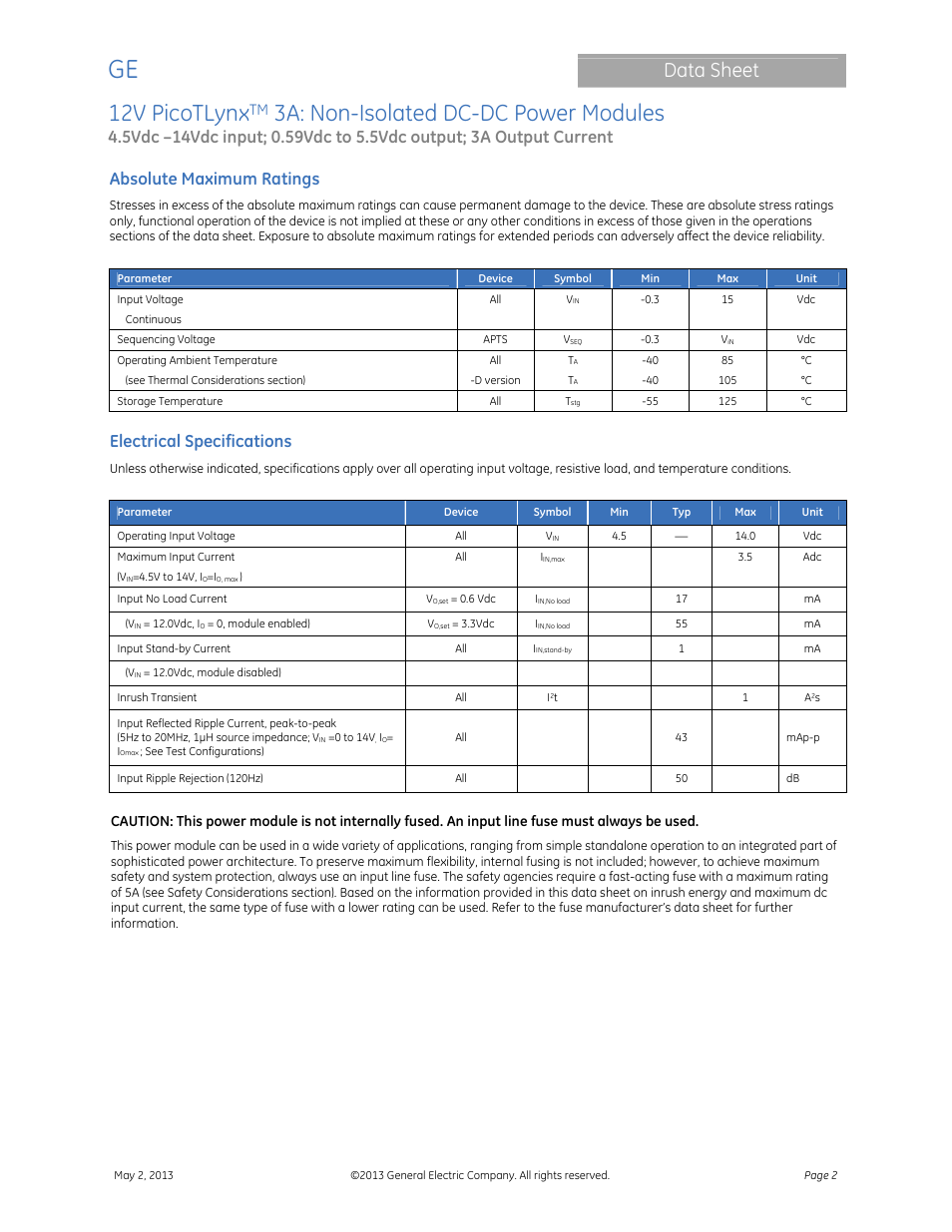 12v picotlynx, 3a: non-isolated dc-dc power modules, Data sheet | Absolute maximum ratings, Electrical specifications | GE Industrial Solutions 12V PicoTLynx 3A User Manual | Page 2 / 25