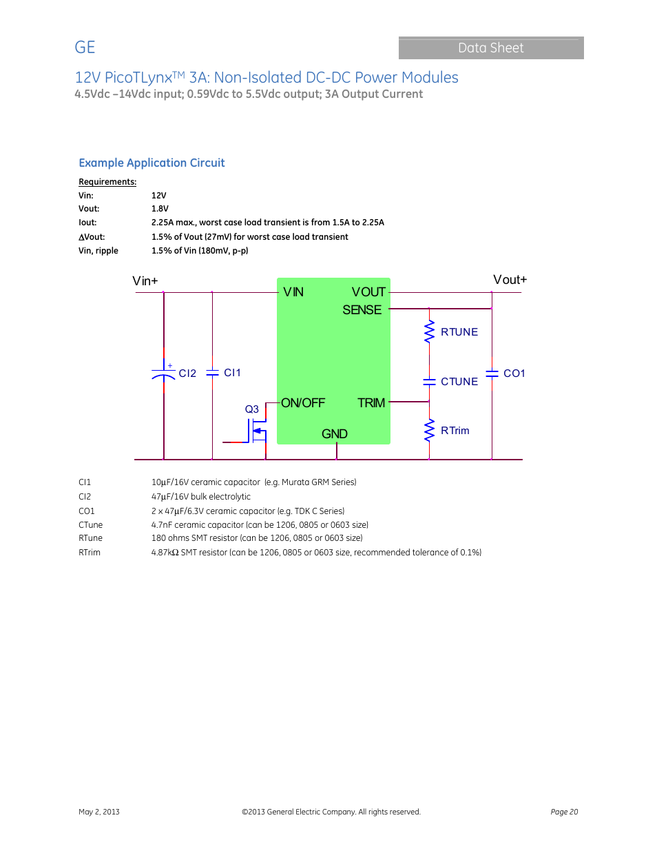 Module, 12v picotlynx, 3a: non-isolated dc-dc power modules | Data sheet | GE Industrial Solutions 12V PicoTLynx 3A User Manual | Page 20 / 25